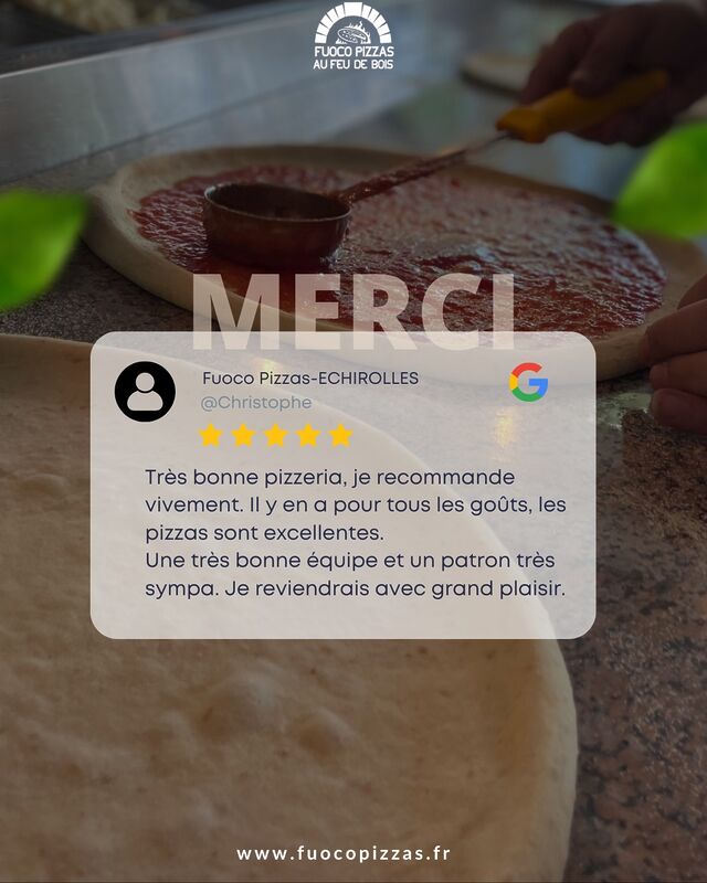 L'équipe Fuoco Pizzas vous remercie pour vos avis si positif ! 🔥 🍃

Vos précieux mots réchauffent nos cœurs et nous motivent à vous offrir le meilleur. ✨

#ServiceAvecUnSourire #Clientèle  #pizzaria #pizzadujour #travel #voyage #pizzaburger #foodconcept #aufeudebois #pâteapizza #qualite #pizzatraditionnelle #restoechirolles #handmade #veggie #recette #lifestyle #produitslocaux